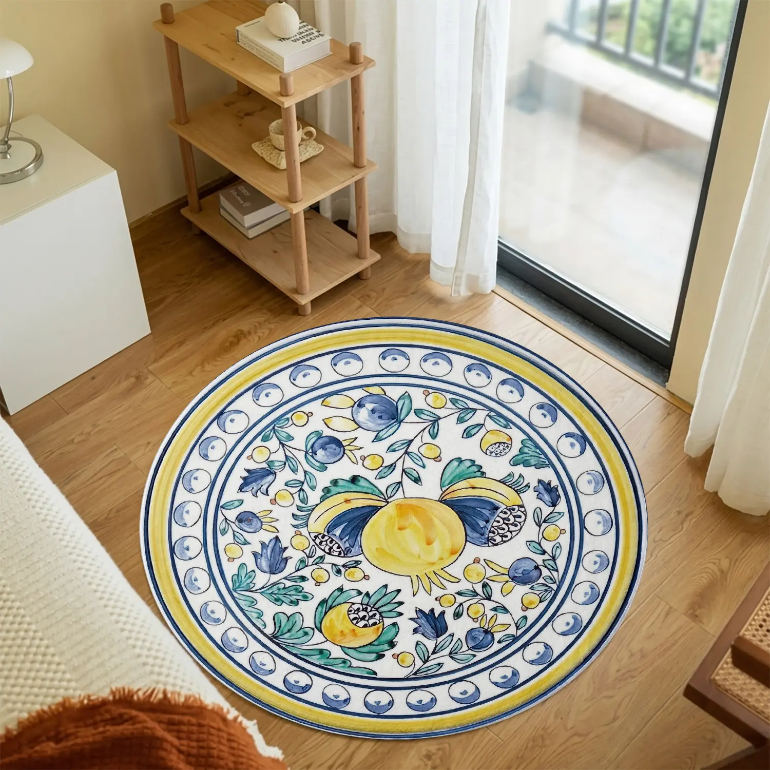 French Vintage Lemon Floral Round Area Rug for Living Room Bedroom, Mediterranean Tile Style Circular Carpet, Non-Slip Washable Floor Mat for Bedside Dining Table Armchair Study Office, Cottagecore Botanical Circle Rug Home Aesthetic Decor Large Playmat
