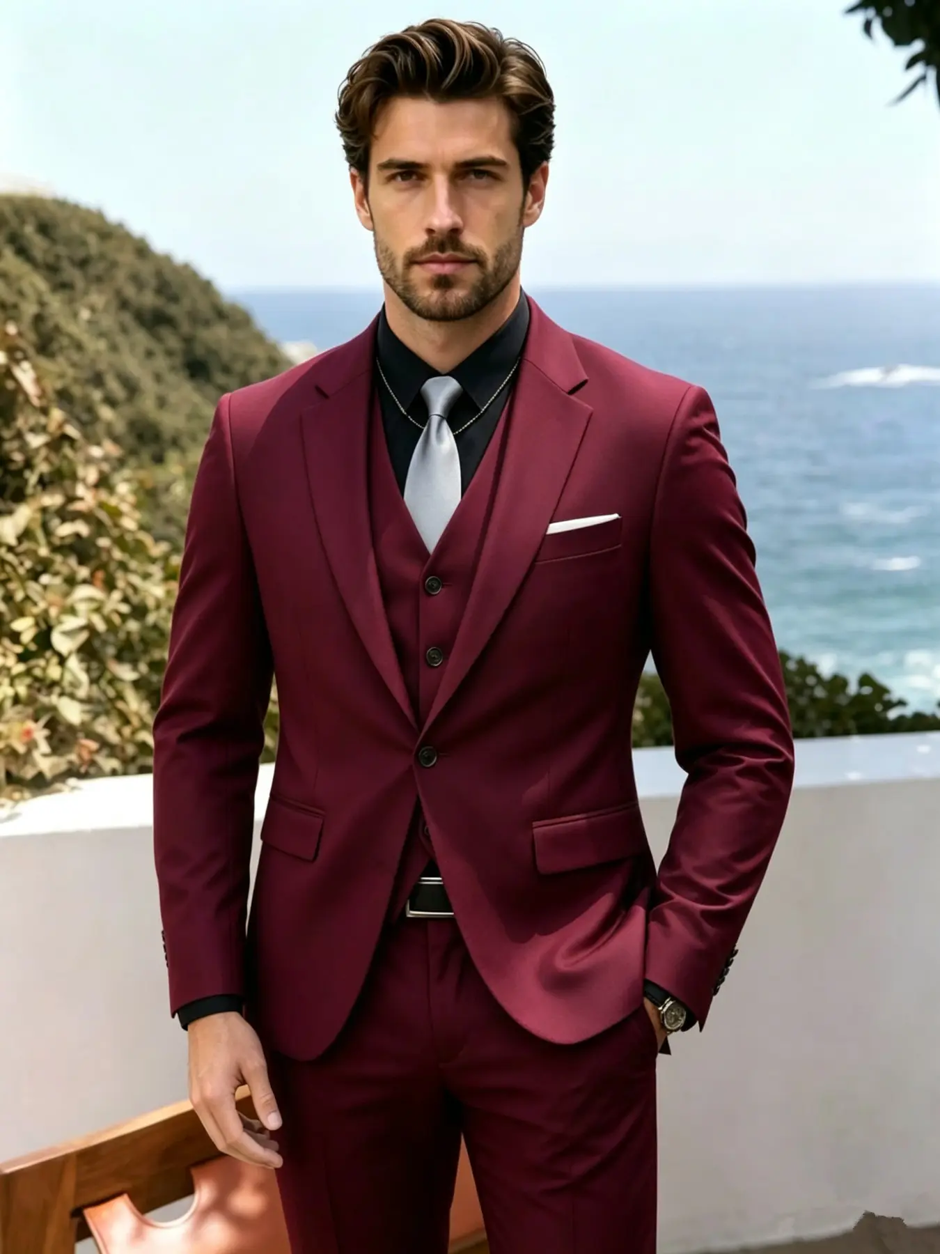 Men's Business Suit 3 Piece Set, Slim Fit Solid Color, Groom Wedding Dress, Luxury Office, Casual Fashion Single Button Jacket, Vest, Pants