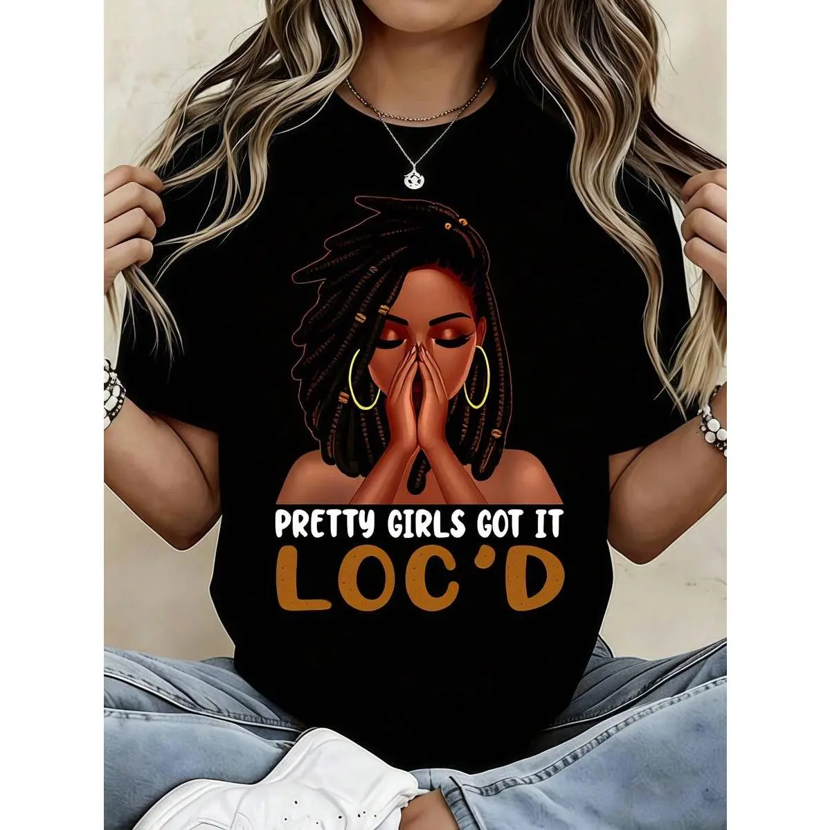 Women's Pure Cotton Crew Neck T-Shirt - Plus Size Fit, "Pretty Girls Got It On Loc" Funny Locs Dreadlocks Letter Print, Casual, Comfortable, Versatile, Tshirt, Machine Wash, Graphic Print, Chic