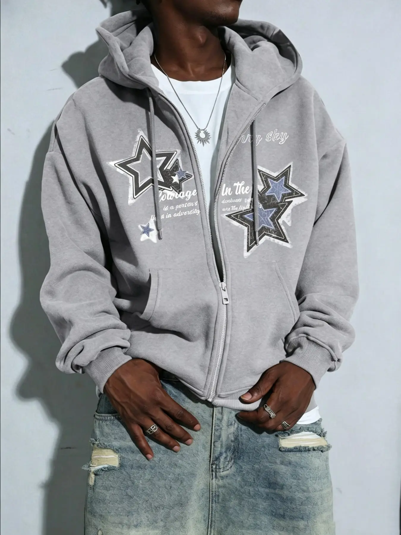 Layered Pentagon Graphic Logo Print Zipper Hoodie, Retro Streetwear Long Sleeve Open Front Top, Fall Casual Loose-Fitting Jacket