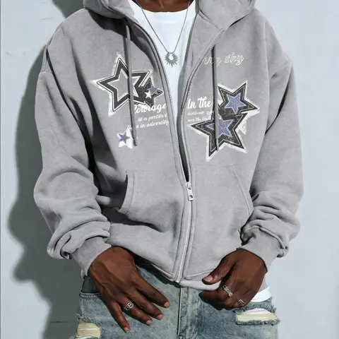 Layered Pentagon Graphic Logo Print Zipper Hoodie Sweatshirt, Retro Streetwear Long Sleeve Open Front Top, Fall Casual Loose-Fitting Jacket