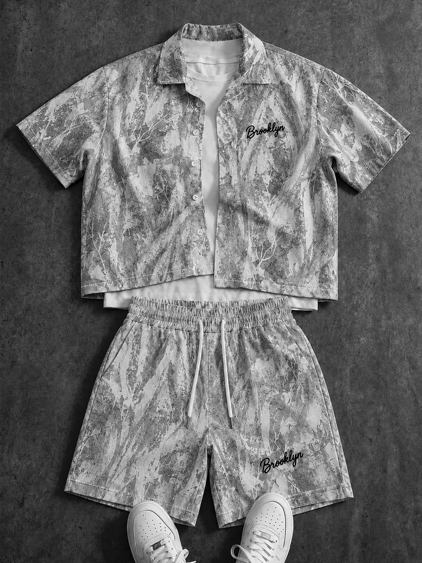 American Vintage Leaf Print Brooklyn Short Sleeve Set, Men's Short Collar Shirt and Drawstring Shorts Two-Piece, Street Style Loose Fit, Casual Style Set
