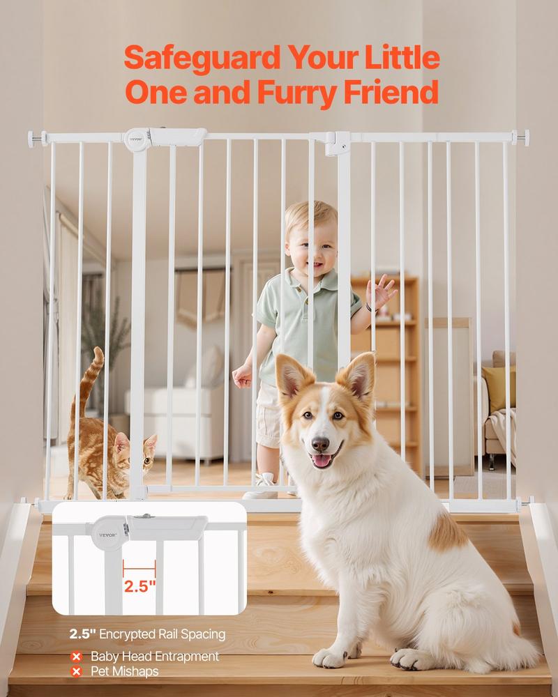 VEVOR Baby Gate, 26-48 Inches Adjustable Width, 36 Inches High Dog Gate, Easy Step Walk Thru, for Child Pet Security, Pressure Mount Kit, Wall Cups, One-Hand Open, for Stairs and Doorways, White