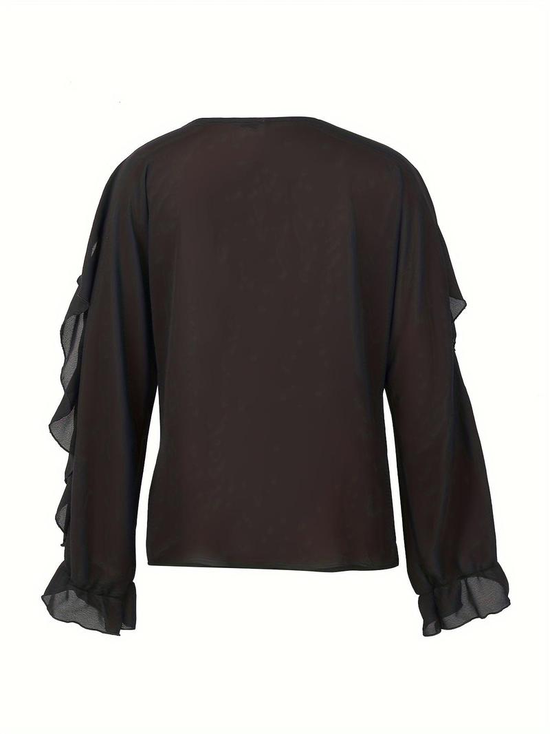 Women's Plain Ruffle Trim Button Front Blouse, Elegant Long Sleeve V Neck Top for Spring & Fall, Ladies Clothes for Daily Wear