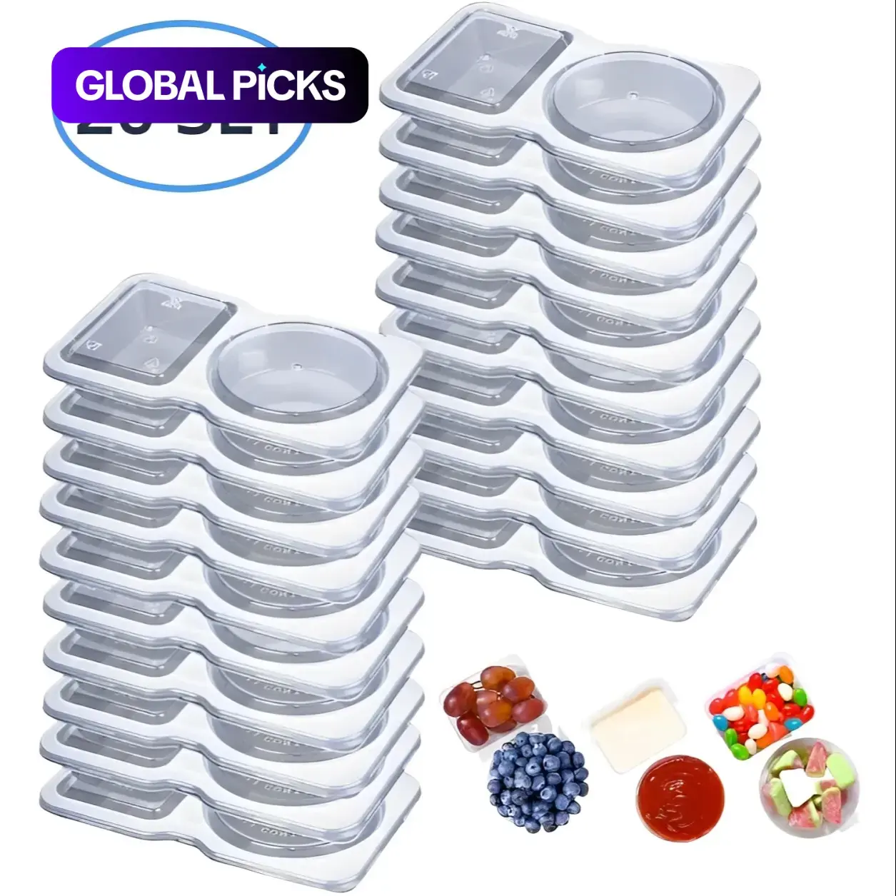 20-Set Clear Reusable Double-Compartment Condiment Containers with Lids, Leak Proof Container, 2-Compartment Organized Food Storage Containers for Meal Prep, Salad Dressing, Dipping Sauce & Travel Snacks, Plastic Kitchen Canisters