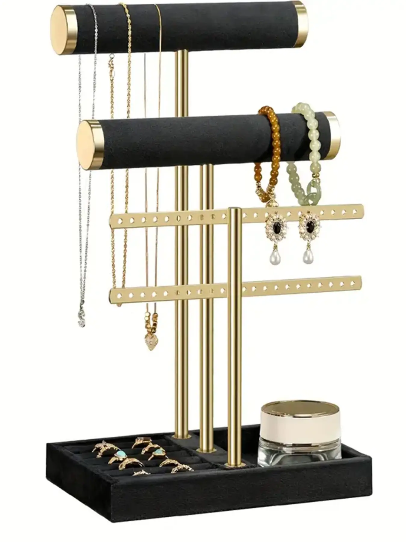 Velvet T-Bar Jewelry Display Stand, Large Capacity Earring Hole Organizer, Ring Storage Tray, Dresser Decor Jewelry Holder for Women Gift, Accessory Holder