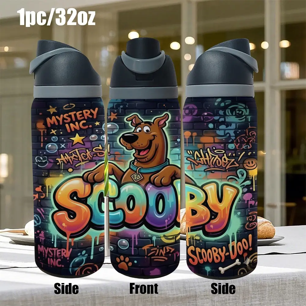 1pc Scooby-Doo Street Graffiti 30oz Stainless Steel Straw Insulated Cup, 20oz Portable Commute Outdoor Sports Water Bottle, 32oz Large Capacity Cold Car Camping Ice Bucket Cup, Cartoon Enthusiast Festival Birthday Gift