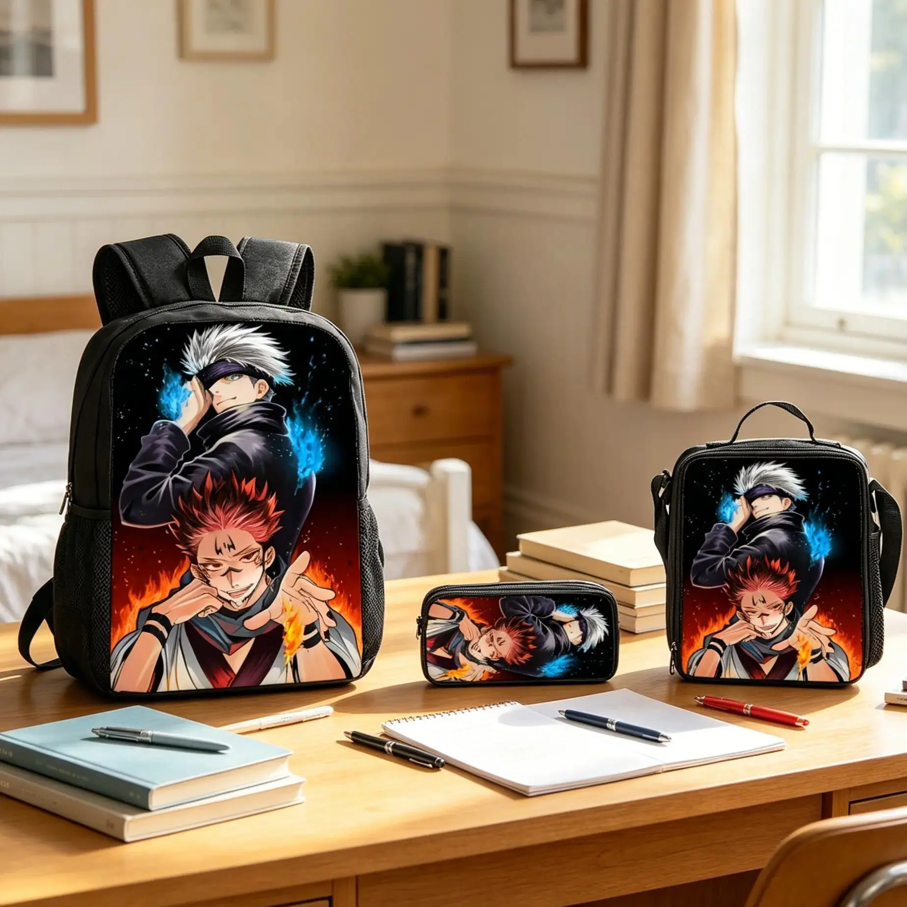 3Pcs Set Anime Gojo Satoru Backpack School Travel Casual Daily Student Laptop Bag Pencil Case Lunch Bag Set Lightweight Comfortable Teen Kids Fans Gift