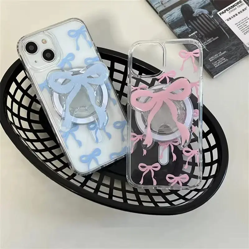 Cute Magsafe   Grip-, Foldable Mobile Accessories for iPhone  Charging Case, iOS Compatible Glass Steel Bowknot Griptok  Ring Hands-Free Neck Mount Induction Bluetooth Speaker Universal Rotating SunVisor