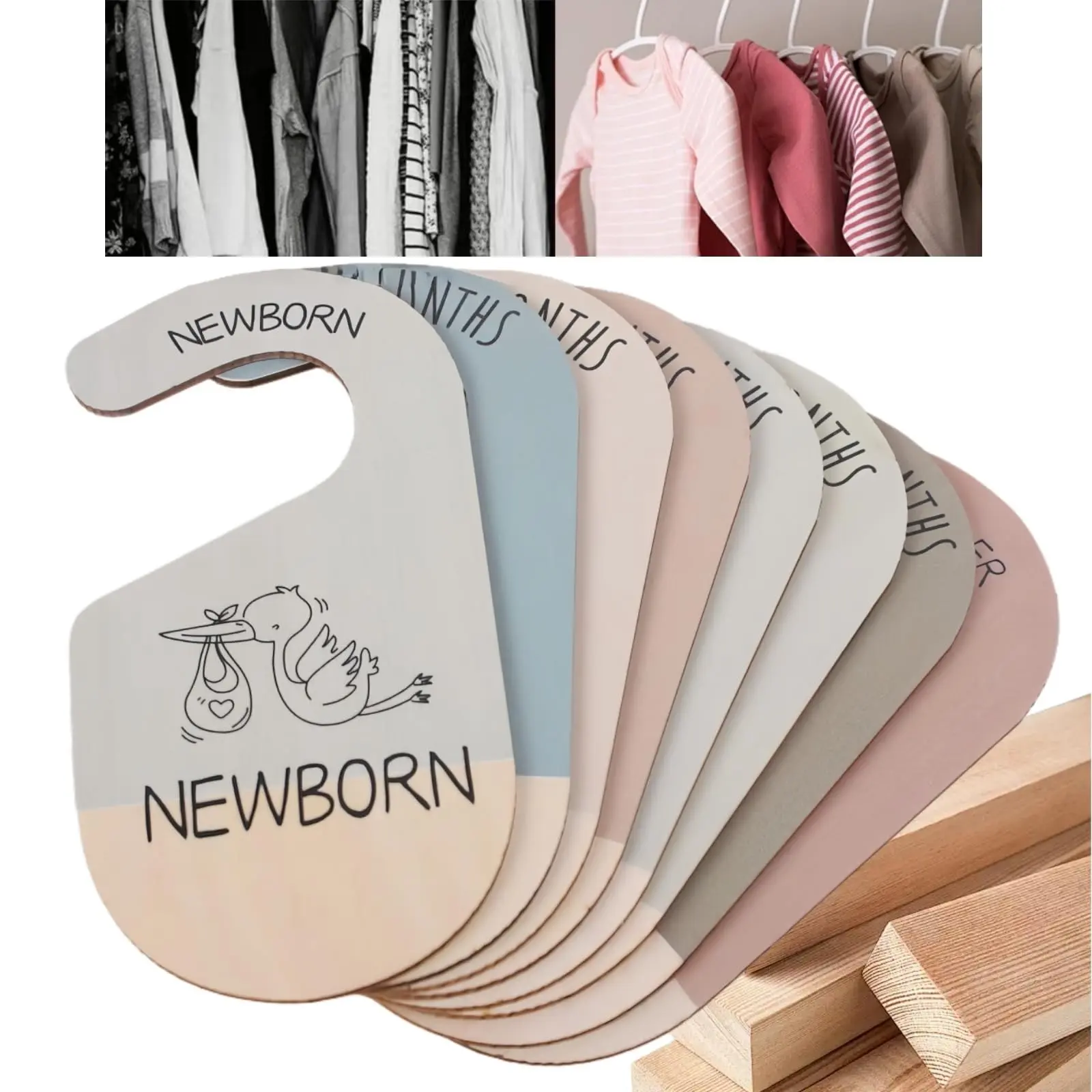 8PCS Baby Clothes Size Dividers, Wooden Nursery Closet Organizers for Newborn to 24 Months, Wardrobe Rail Dividers for Baby Clothing Storage