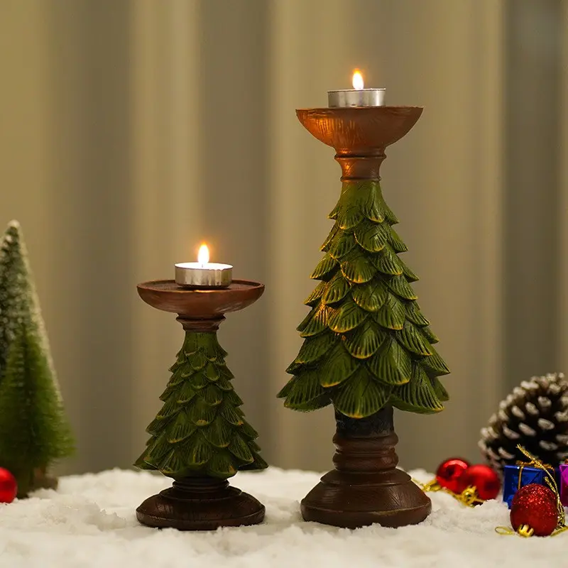 3 Sizes Vintage Pine Christmas Tree Candle Holder Set, Resin Xmas Candlestick in Green & Gold, Tabletop Tealight & Pillar Candle Stand, Festive Decor for Christmas Party, Mantel, Farmhouse & Housewarming Gift