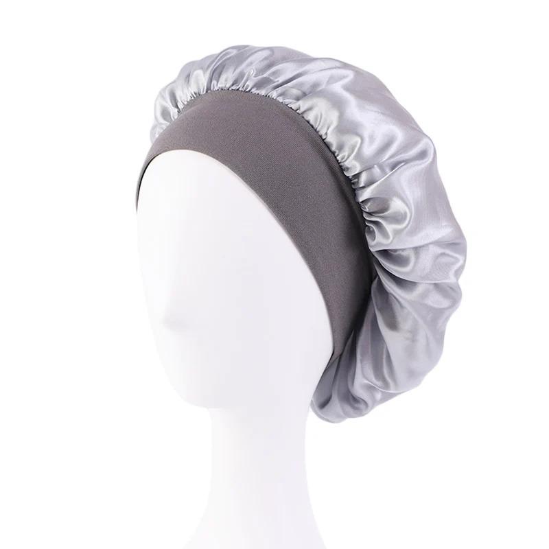 Women's Satin Solid Bonnets Wide-brimmed Night Sleeping Bathing Hat Unisex Head Wrap Elastic Band Cap Hair Care Bonnet