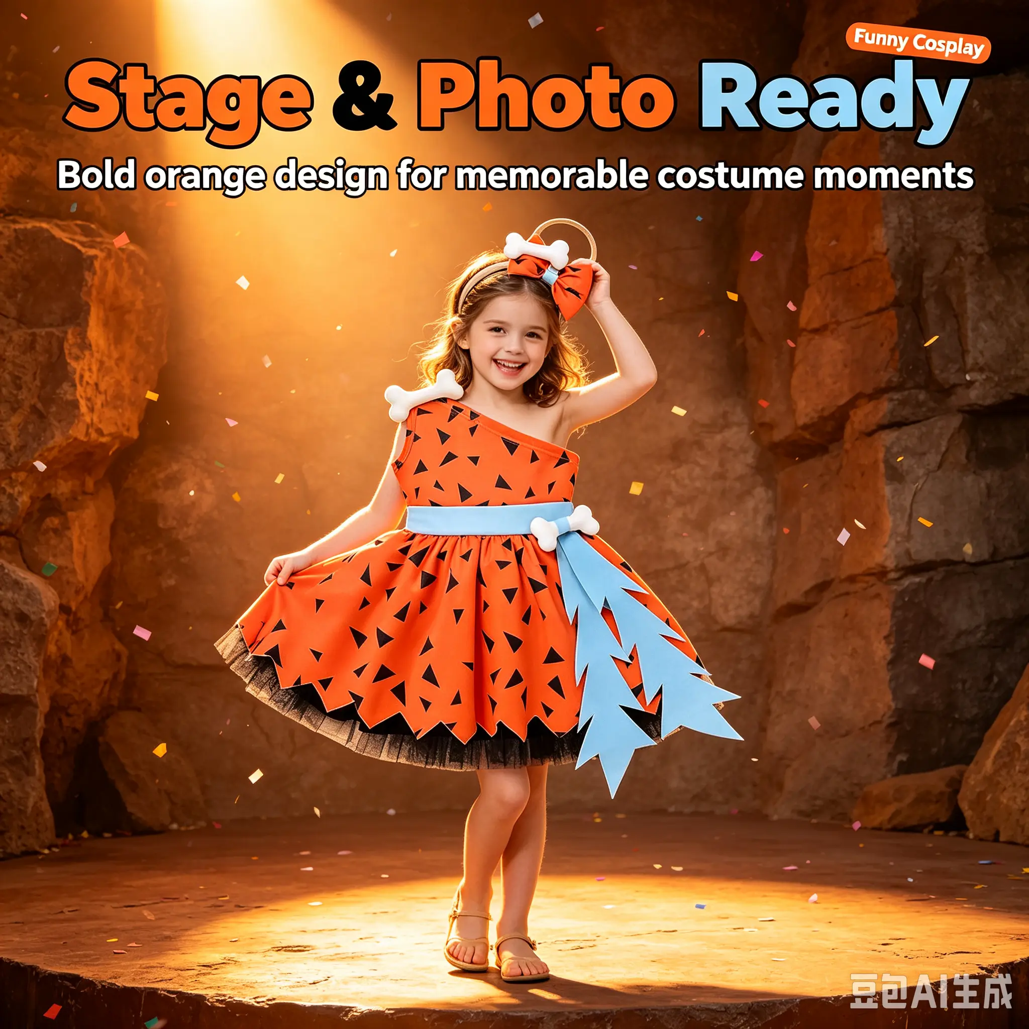 Cave Girl Costume Set for Girls | Orange Prehistoric Stone Age Dress with Headband, Funny Halloween Party & Stage Performance Outfit