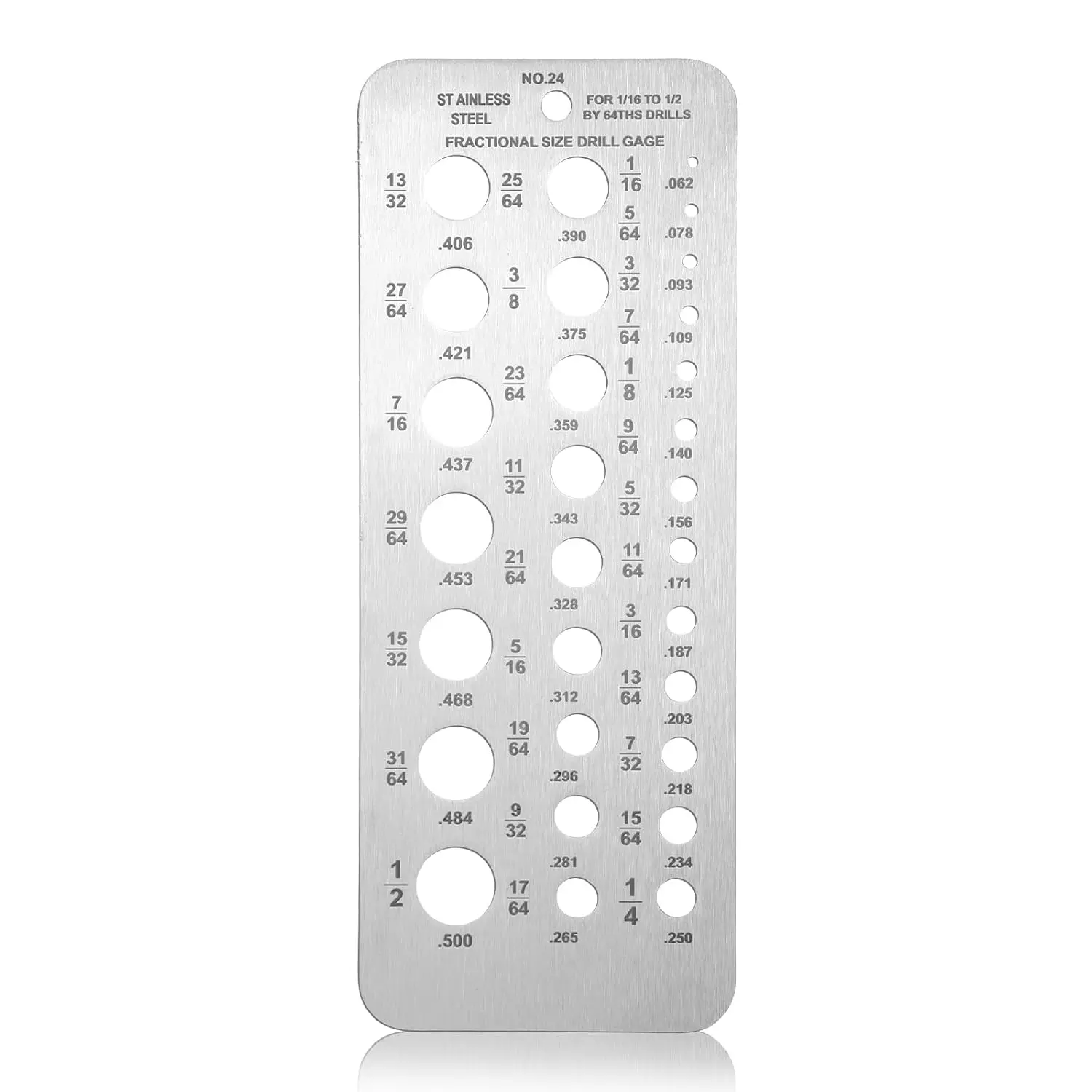 Stainless Steel Drill Bit Gauge, 29-Hole Index for 1/16 to 1/2 Inch | Fractional and Decimal Measurement, Bolt and Wire Diameter Tool