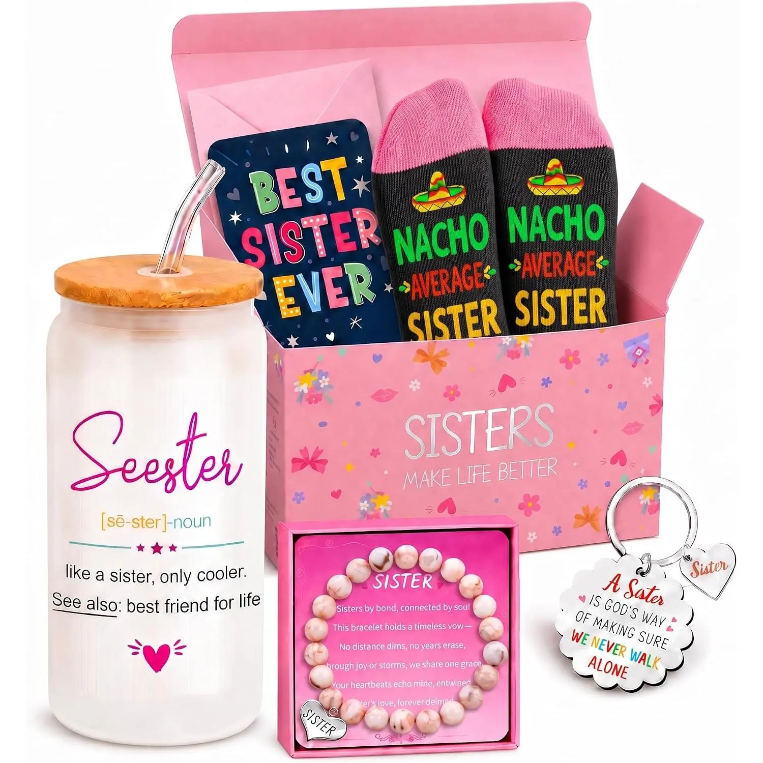 Sentimental Sister Gift Set - Festive Party Gift Box with Durable Tumbler, Synthetic Bracelet, Socks - Christmas, Birthday, Everyday Present for Sister Celebrating Sistership
