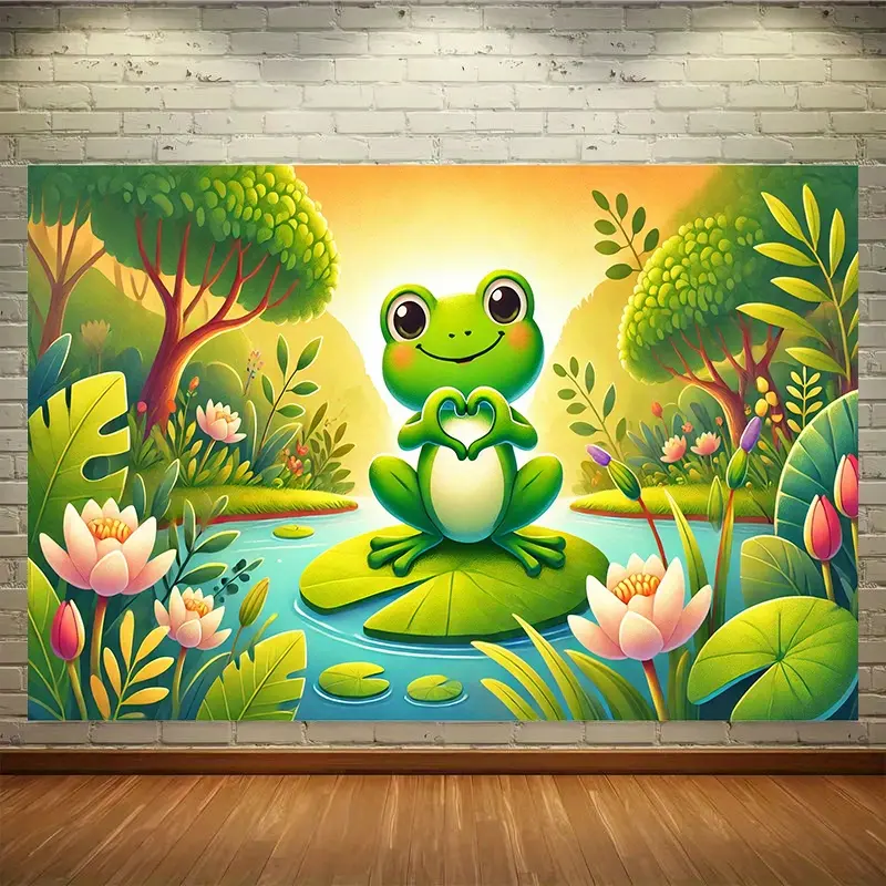 Cute Frog Heart Gesture Animal Party Backdrop Fabric Tapestry Birthday Decor Photo Background Wall Decor Event Decor Photography Backdrop Holiday Celebration Indoor Outdoor Polyester Fiber Durable Decorative Fun Animal Banner Cloth