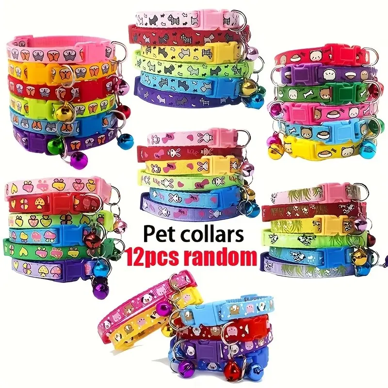 Adjustable Pet Collar with Bell, Cute Cartoon Dog Cat Print, Multiple Styles and Colors, Quick-Release Soft Nylon for Small Dogs Cats Adjustable Collars