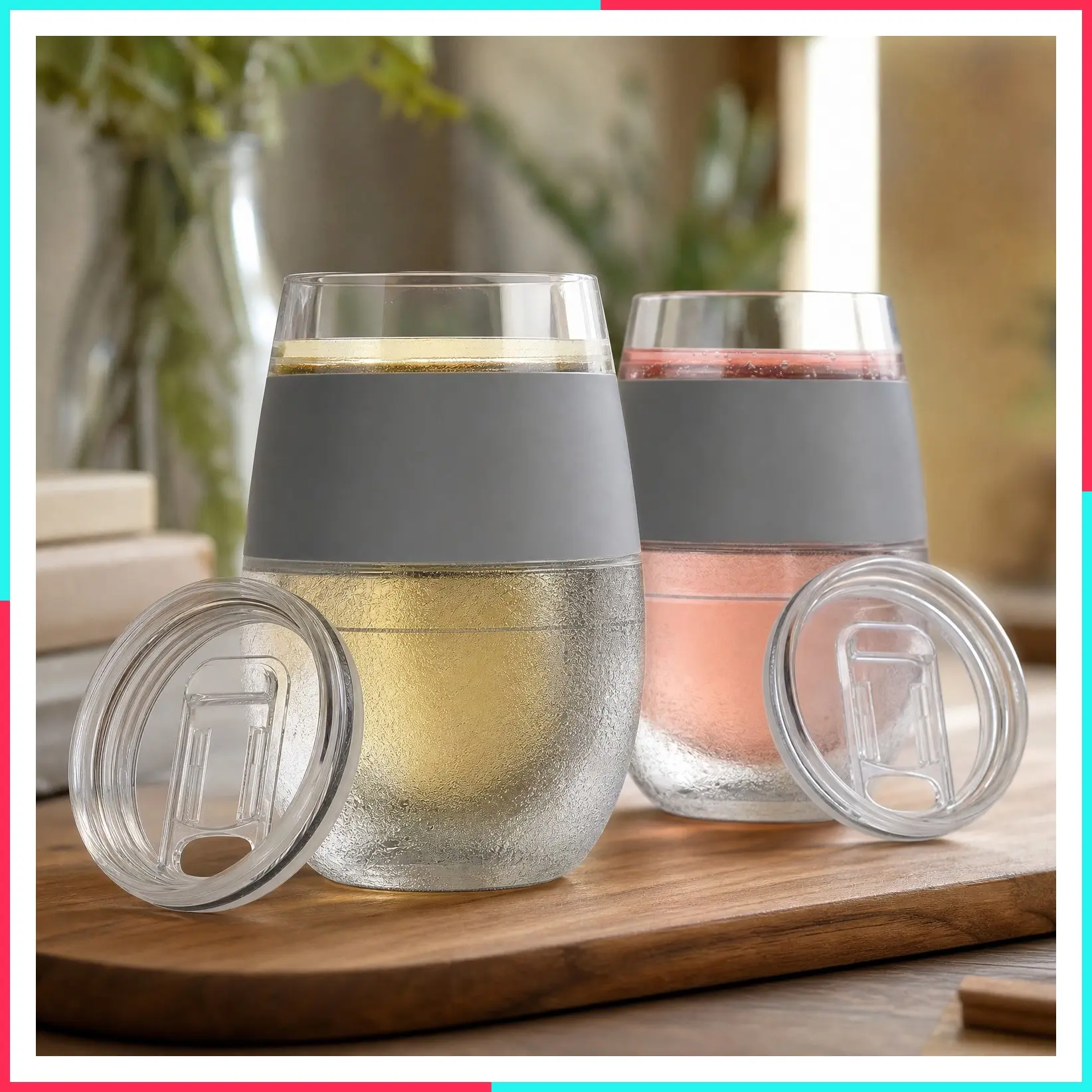 Freezable Insulated Wine Glasses with Lids, Wine Tumbler Gifts for Mom, Travel Gifts for Women, Cooling Cups for Red and White Wine, Outdoor Party Tumblers, 8.5 oz, Set of 2, Gray