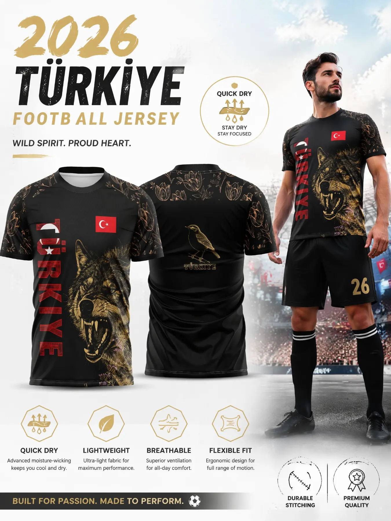 2026 Turkish Soccer Jersey, Mesh Tulip Print, Quick-Dry Breathable Sportswear, Durable Training T-Shirt for Fans