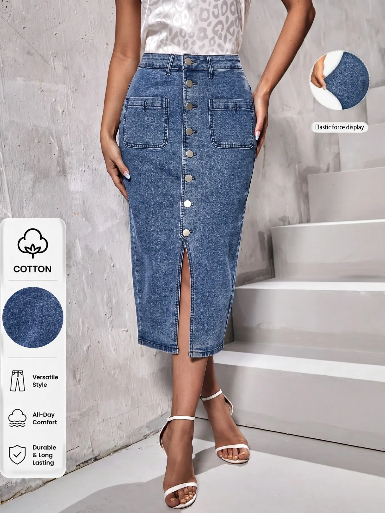 Women's Mid-Rise Slim Fit A-Line Midi Denim Skirt, Stretchy Slimming Everyday Jeans, Elegant Chic Summer Bottoms, All Seasons Wear, Casual Skirt
