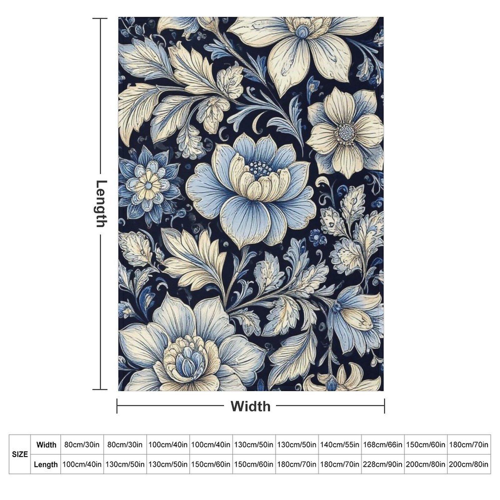 Vintage Blue Floral Fleece Throw Blanket, Soft Cozy William Morris Style Blanket for Couch Bed, Aesthetic Botanical Cottagecore Gift for Flower Lovers