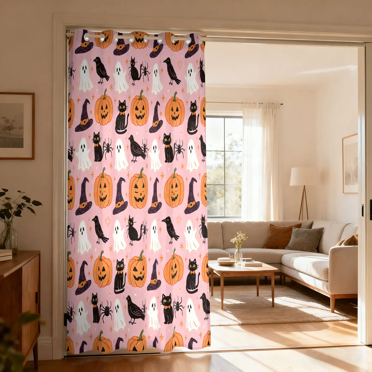 1pc 90g Polyester Semi-Sheer Digital Print Curtain – Pink Background with Halloween Pumpkin, Ghost, and Black Cat Pattern; Suitable for Doorways, Bedroom Closets, Home Decor, and Gifting.