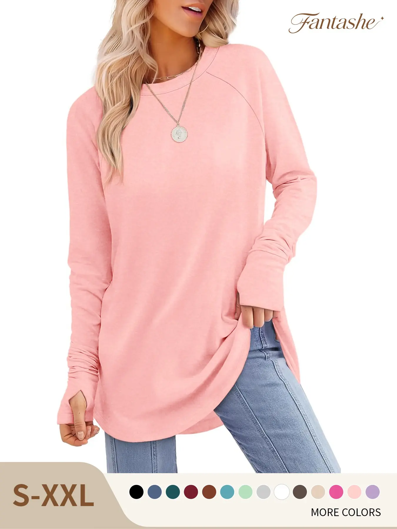 Women's Long Sleeve T-Shirt, Thumb Hole Design, Round Neck, Curved Hem, Versatile Style, Suitable for Office or Casual Wear