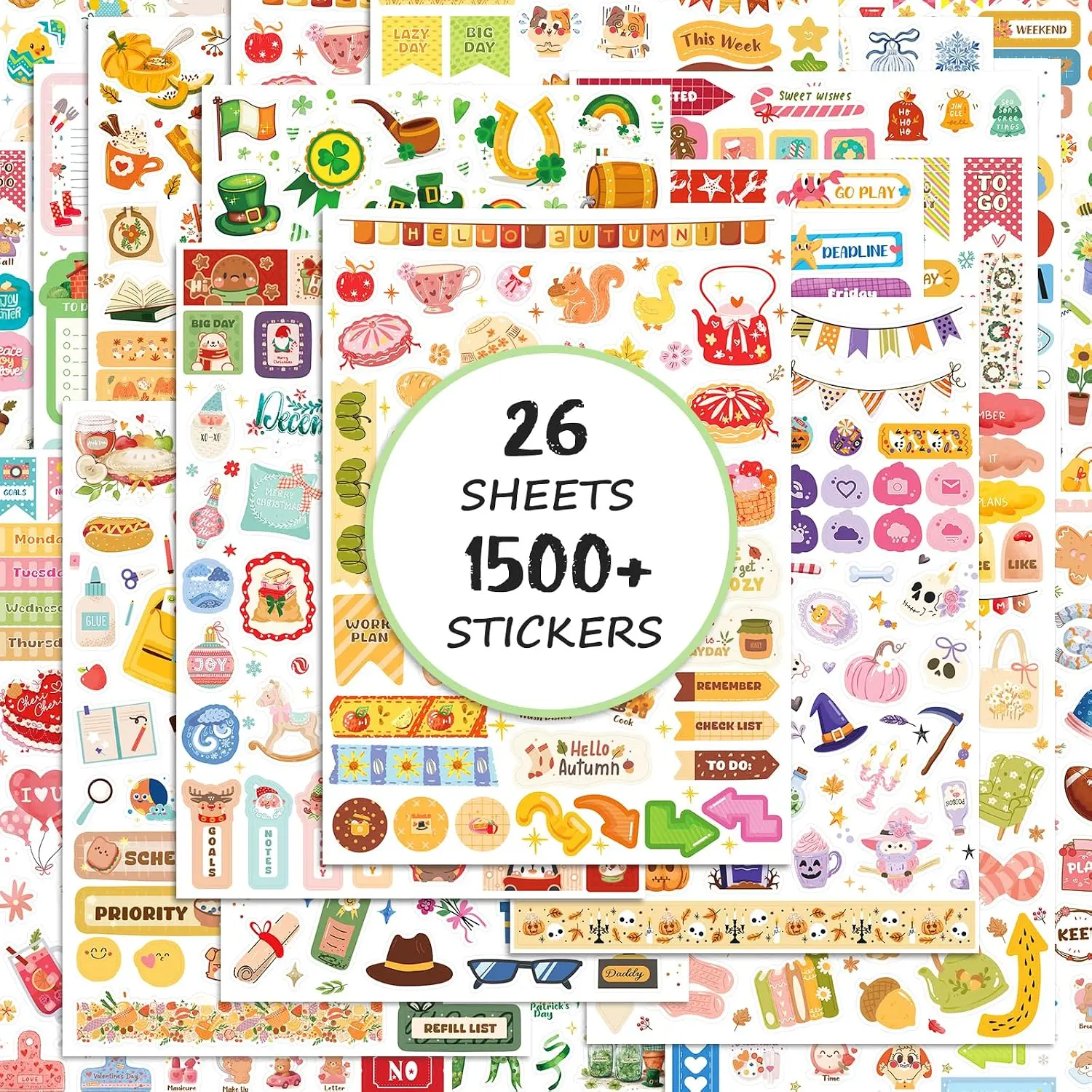 Planner Stickers (26 Pages, 1500+ Stickers), Celebration Planner Stickers with, Daily, Monthly, and Holiday Stickers for Scrapbook Supplies, Junk Journal Supplies, Decorating, and Planning.