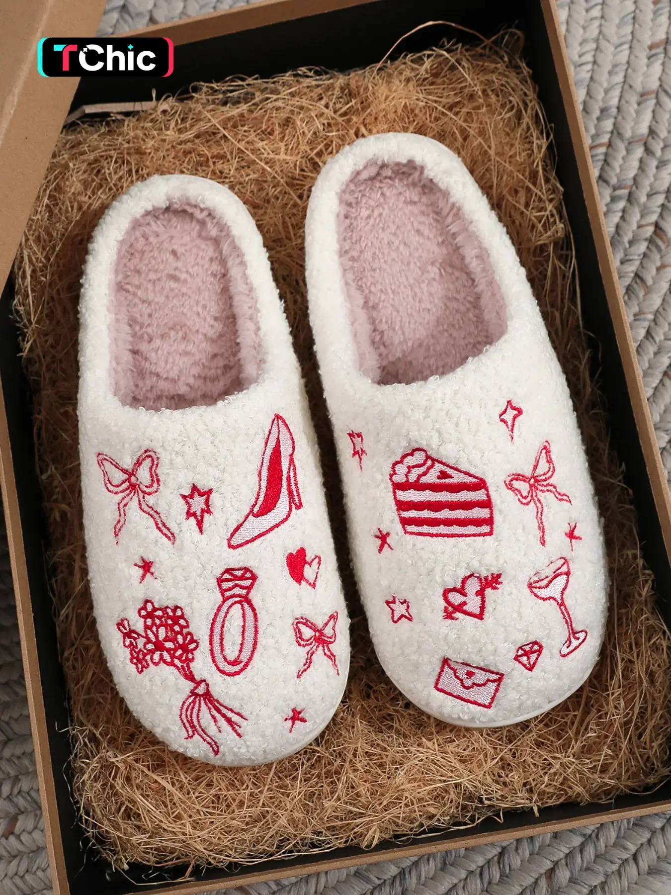 Cute Plush Slippers for Women, High Heel Bow Embroidered Warm Shoes, Warm Home Slippers, Warm House Slippers, Indoor Outdoor Anti-Slip Slip-Ons, Non Slip Cloud, Fall Winter Christmas Gift