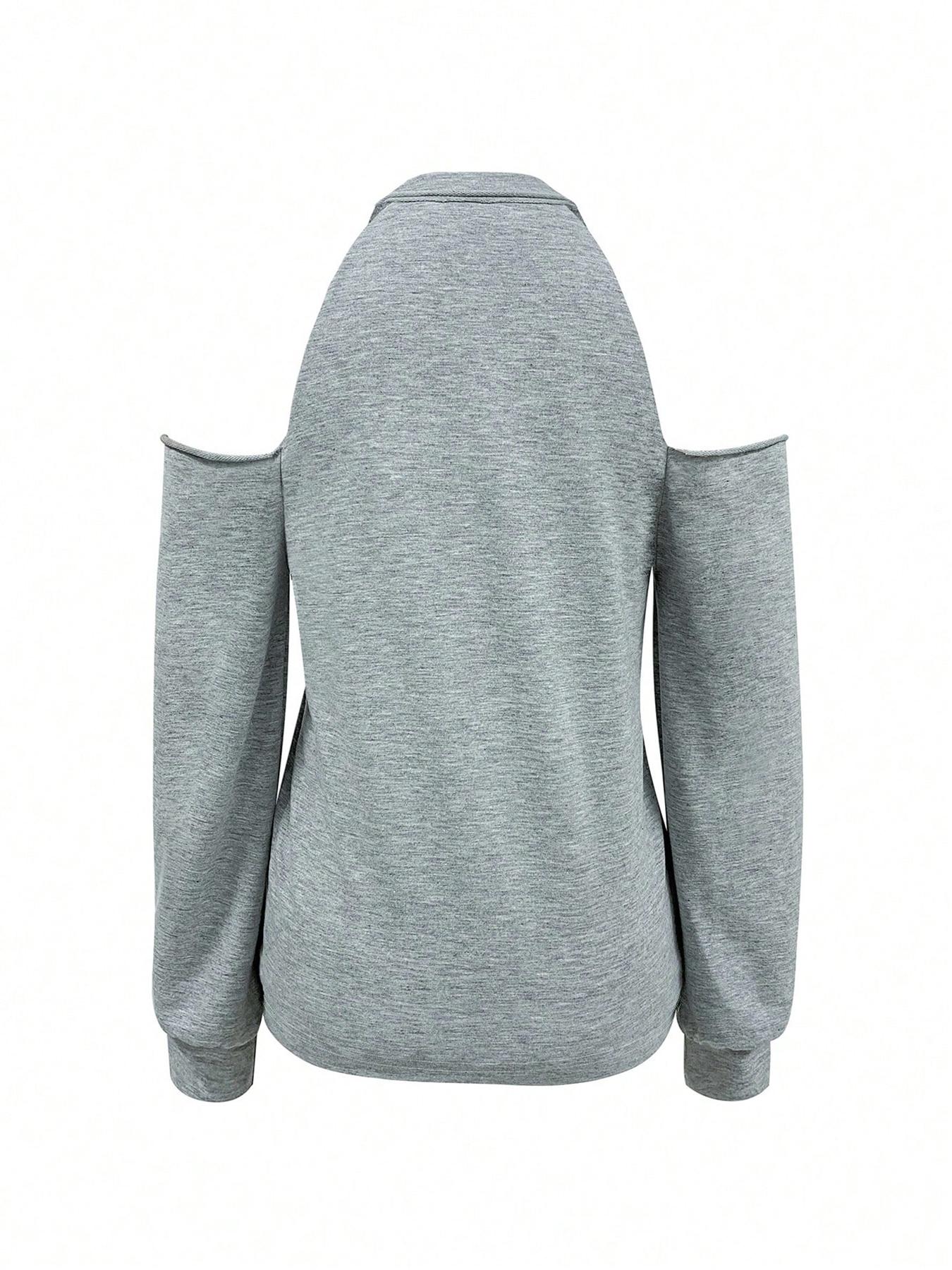 Women's Letter Print Cold Shoulder Tee, Casual Long Sleeve T-shirt for Daily Wear, Ladies Clothes for All Seasons