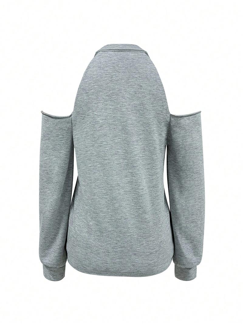 Women's Letter Print Cold Shoulder Tee, Casual Long Sleeve T-shirt for Daily Wear, Ladies Clothes for All Seasons