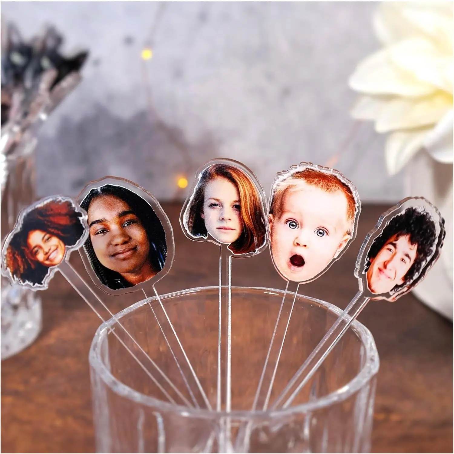 UV Printed Custom Acrylic Photo Face Stir Sticks (5-500 Bulk Packs) - Lightweight, Reusable, Easy Clean Personalized Drink Stirrers for Pet (Dog, Cat) Decor, Birthday, Bachelor Parties, Graduations, Corporate Events