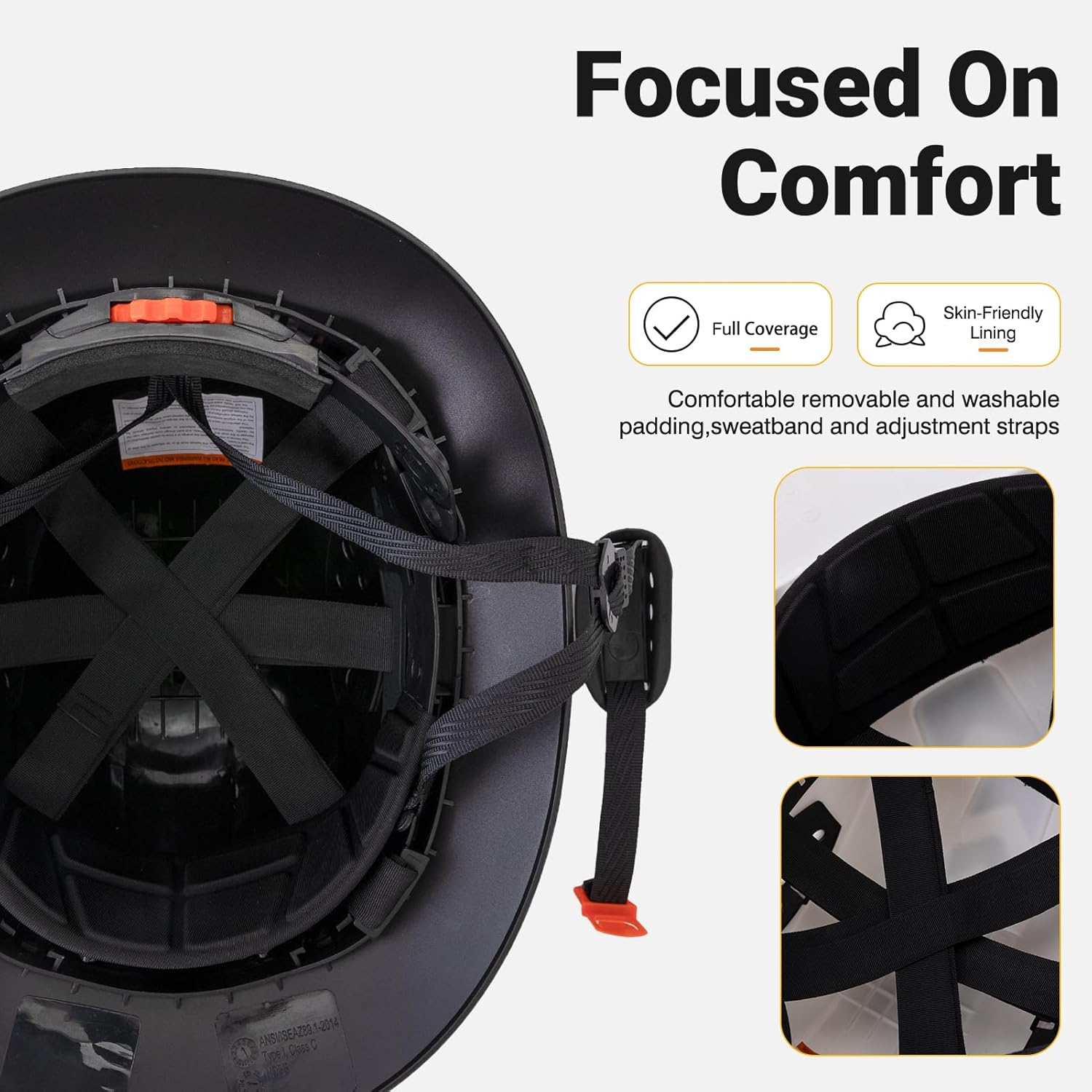 Full Brim Hard Hat ABS Safety Helmet with 6 Point Adjustable Ratchet Suspension Vented Industrial Work Hardhat with Visor Reflective Stickers