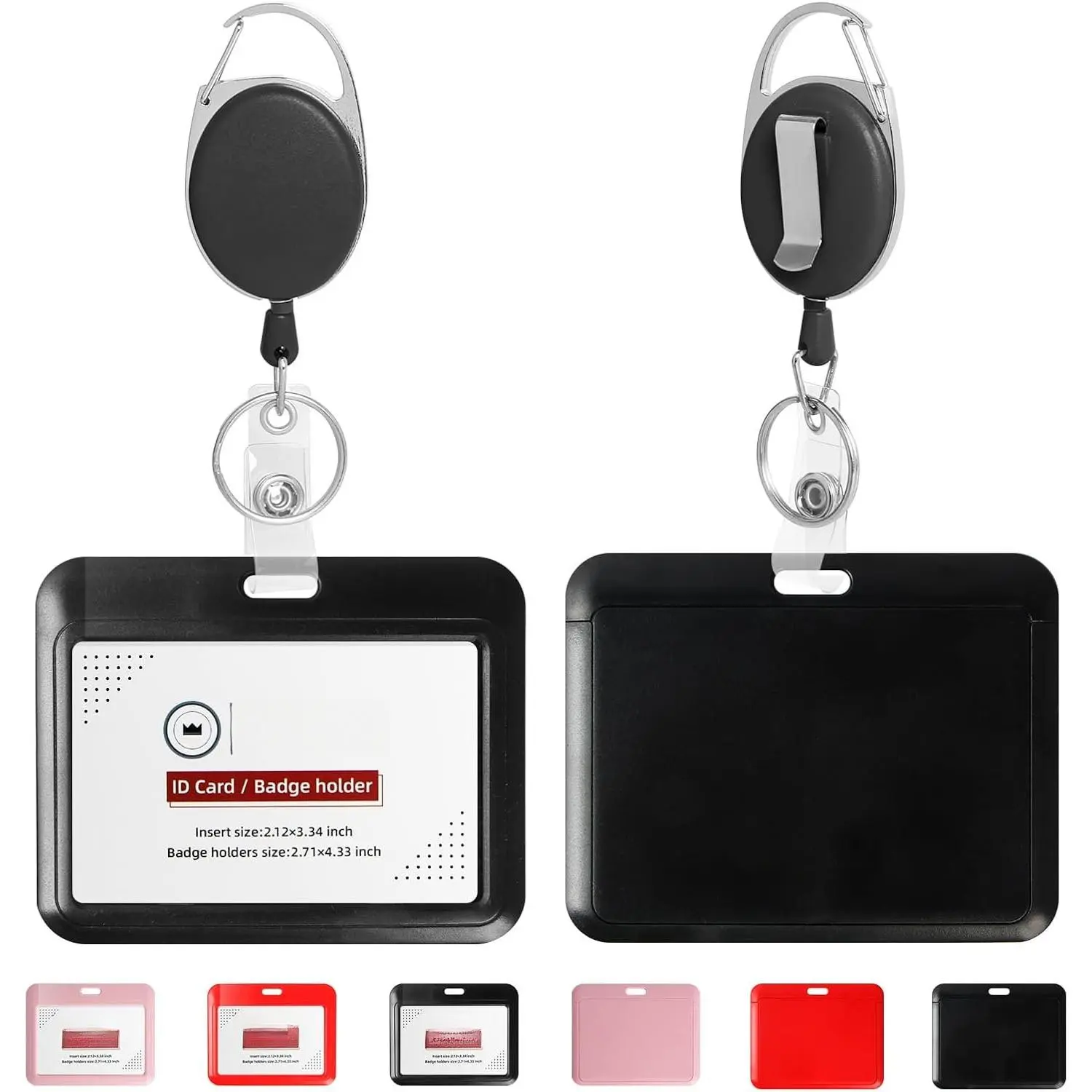Sliding Horizontal Badge Holders with Reels for Office Ids | Black Heavy Duty Id Card with Carabiner Badge Reel with 24 inches Pull Cord for Office, School, Factory, Teacher
