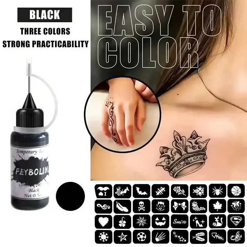 DIY Temporary Tattoo Kit with 4 Stencil Templates, Creative Body Art Tools, Multi-Color Ink, Perfect for Parties, Festivals, Cosplay