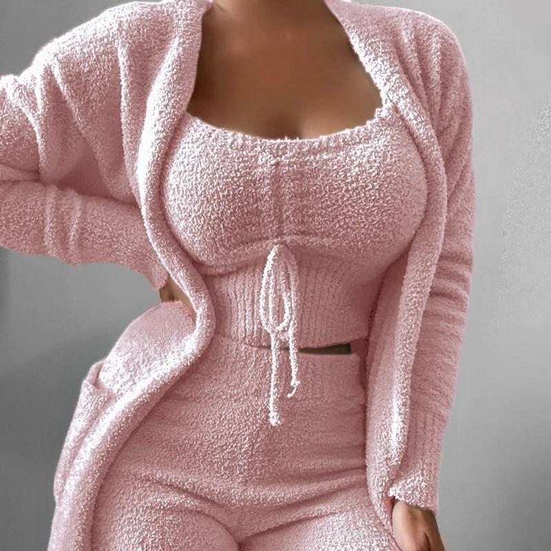 Vista X Women'S Plush 3-Piece Lace-Up Pajamas Set Casual Suit Home Clothes Loungewear Nightwear Pajamas