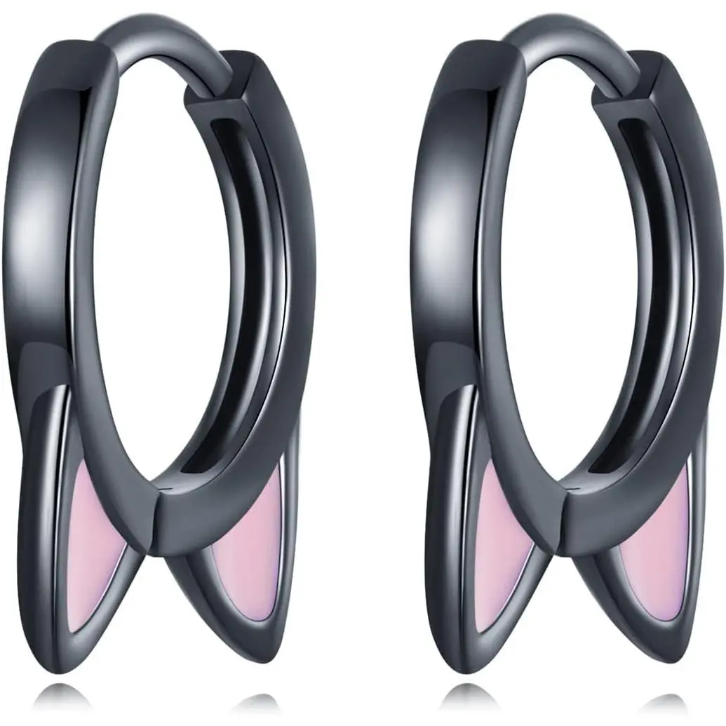 Black Cat Small Hoop Earrings 925 Sterling Silver Cute Pink Ears Cartilage Tragus Tiny Huggie Hoops Statement Fashion Jewelry for Women Girls(Gift)