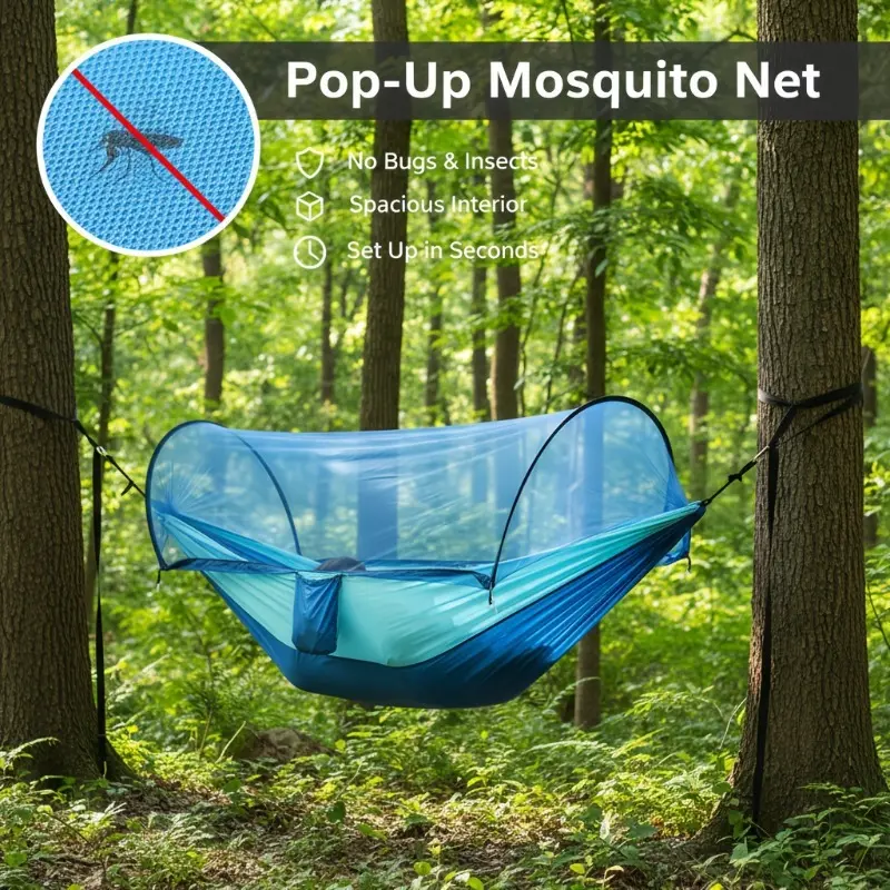 3-in-1 Double Camping Hammock with Mosquito Net & Sunshade—Durable and portable, ideal for camping, backpacking, hiking, and park outings. Easy to assemble, made of heavy-duty nylon fabric, and compatible with sturdy frames, camping gear, and accessories.