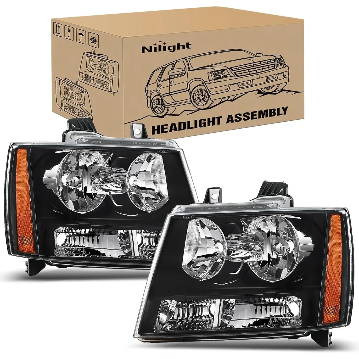 Nilight LED Car Headlight Assembly - Bright, Waterproof, Adjustable OE Standard DOT Compliant Set for 2007-2014 Chevy Avalanche, Tahoe, Suburban 1500/2500 - 15 Mins Installation, Driver & Passenger Side Black Housing Amber Reflector Bumper Lamps, Car Ligh