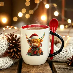 Christmas Cute Highland Cow Heat Sensitive Color Changing Coffee Mug With Matching Red Spoon, Novelty Hot Activated Discoloration Cup, Gift for Christmas