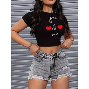 Letter Print Casual Sports T-Shirt Sexy Crop Top