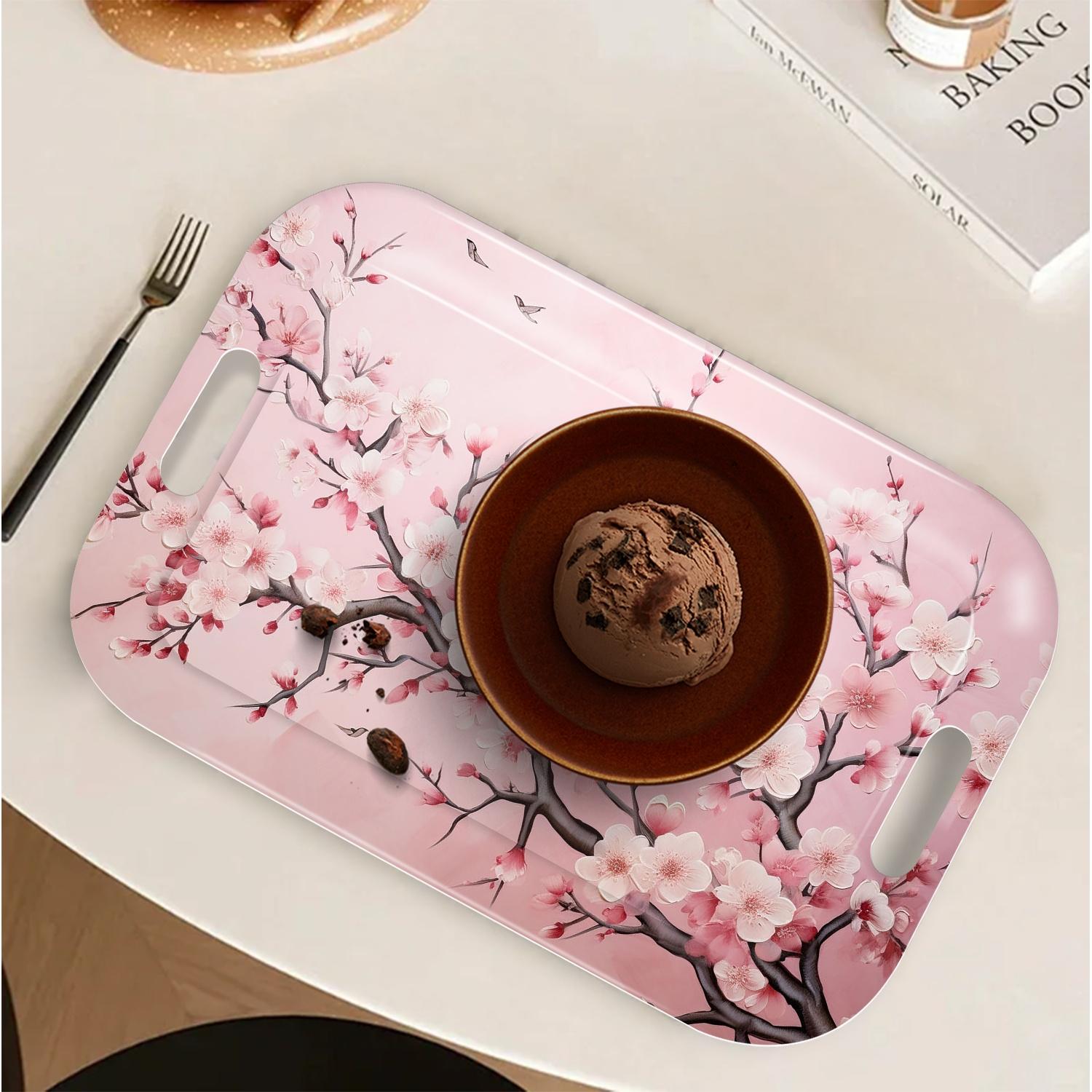 Japanese-Inspired Rectangular Serving Tray - Lightweight & Easy-Clean Table Tray with Handles, Elegant Pink Cherry Blossom Floral design for Dining, Living Room, Parties - Durable Melamine Decorative Platter, Home Entertaining, Contemporary Home Decor, S