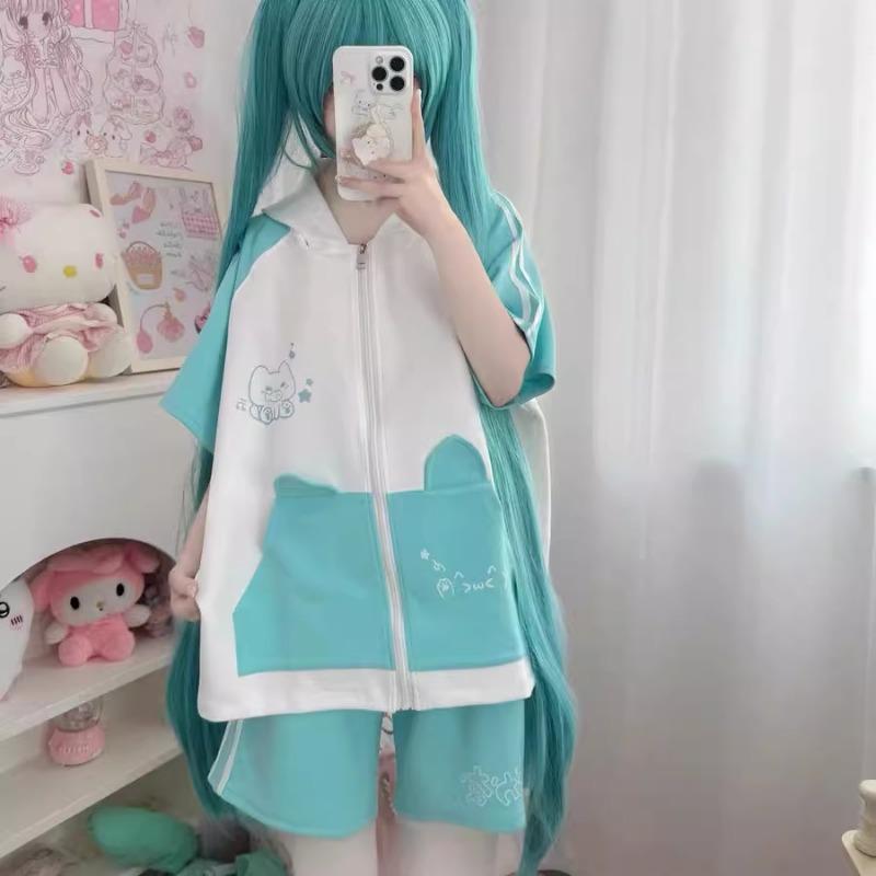 Hatsune Miku Hooded Short Sleeve Tracksuit Cat Ears Cartoon Hatsune Miku Drawstring Shorts Girls Holiday Gifts Casual Fashion
