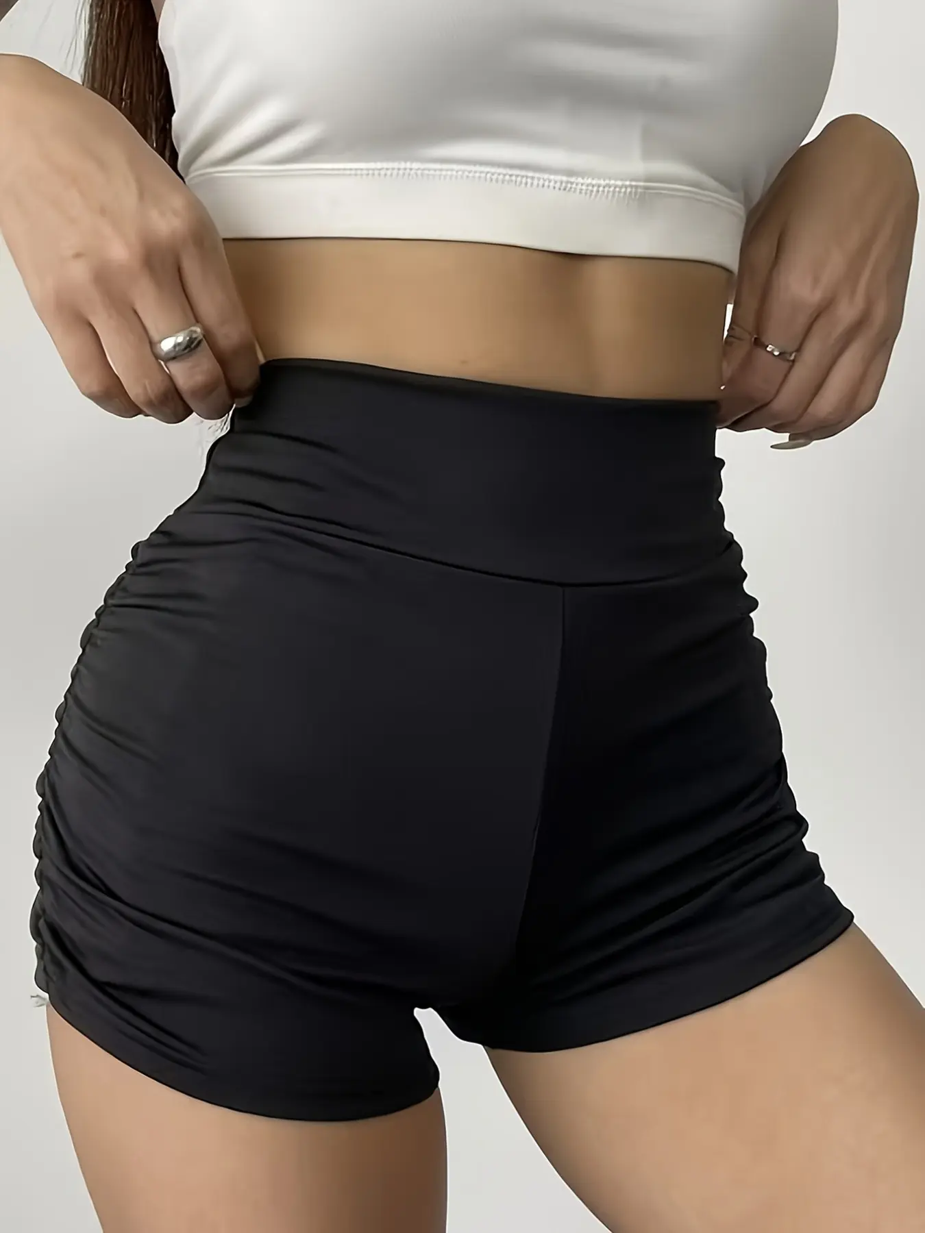 Women's High-Waisted Ruched Waist Cycling Shorts, Stretchy Seamless Fitted Sportswear, Yoga Pants, Fitness Running Hotpants