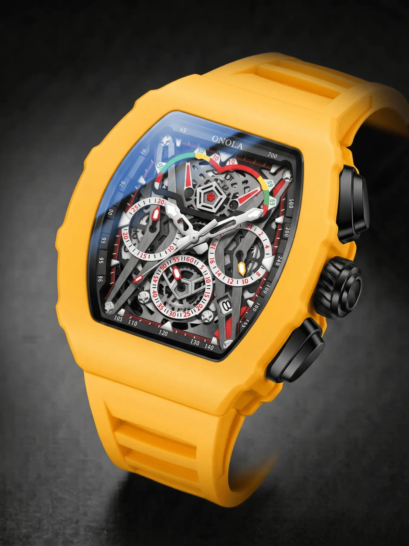 ONOLA Men Quartz Watch, Fashion Sport Multifunctional Chronograph Wristwatch, Barrel Hollow Racing Visual Dial Quartz Timepiece, Breathable Soft, 30M Waterproof Stylish Watch for Business Outdoor Daily Casual