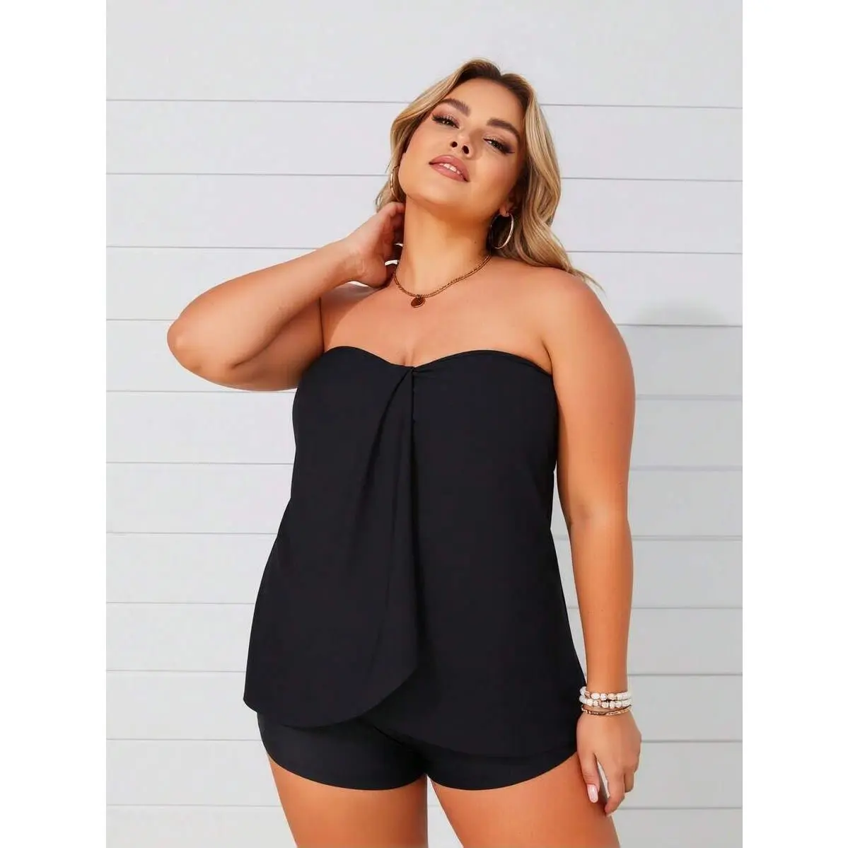 Women's Plus Size 2-Piece Tankini Swimsuit, Strapless Wrap Twist Front Top with Short Shorts, Plain Modest High Stretch Swimwear for Beach Vacation, Beach Party