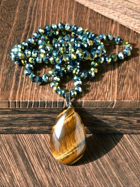 Vintage Tiger Eye Teardrop Natural Stone Pendant Long Necklace, Handmade Knotted Crystal Beaded Chain, Sparkling Luxury Gift for Special Occasions, Boho Chic Crystal