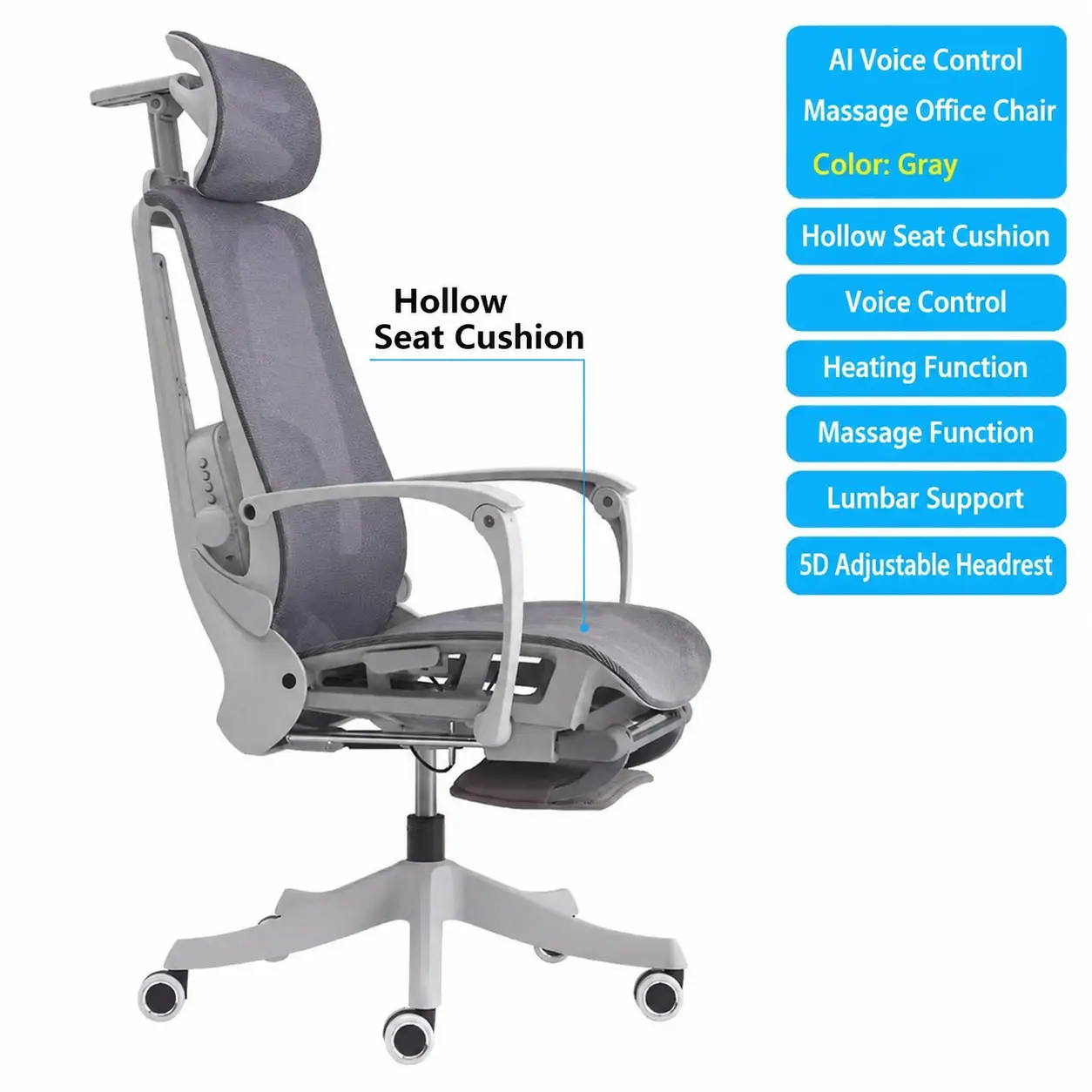 Gray Reclining Ergonomic Desk Chair, AI Voice Activated Mesh Office Chair Built-in Massage and Heating Function, Hollow Seat Cushion, Adjustable Headrest & Lumbar Pillow, Swivel Computer Chair with Footrest for Work From Home