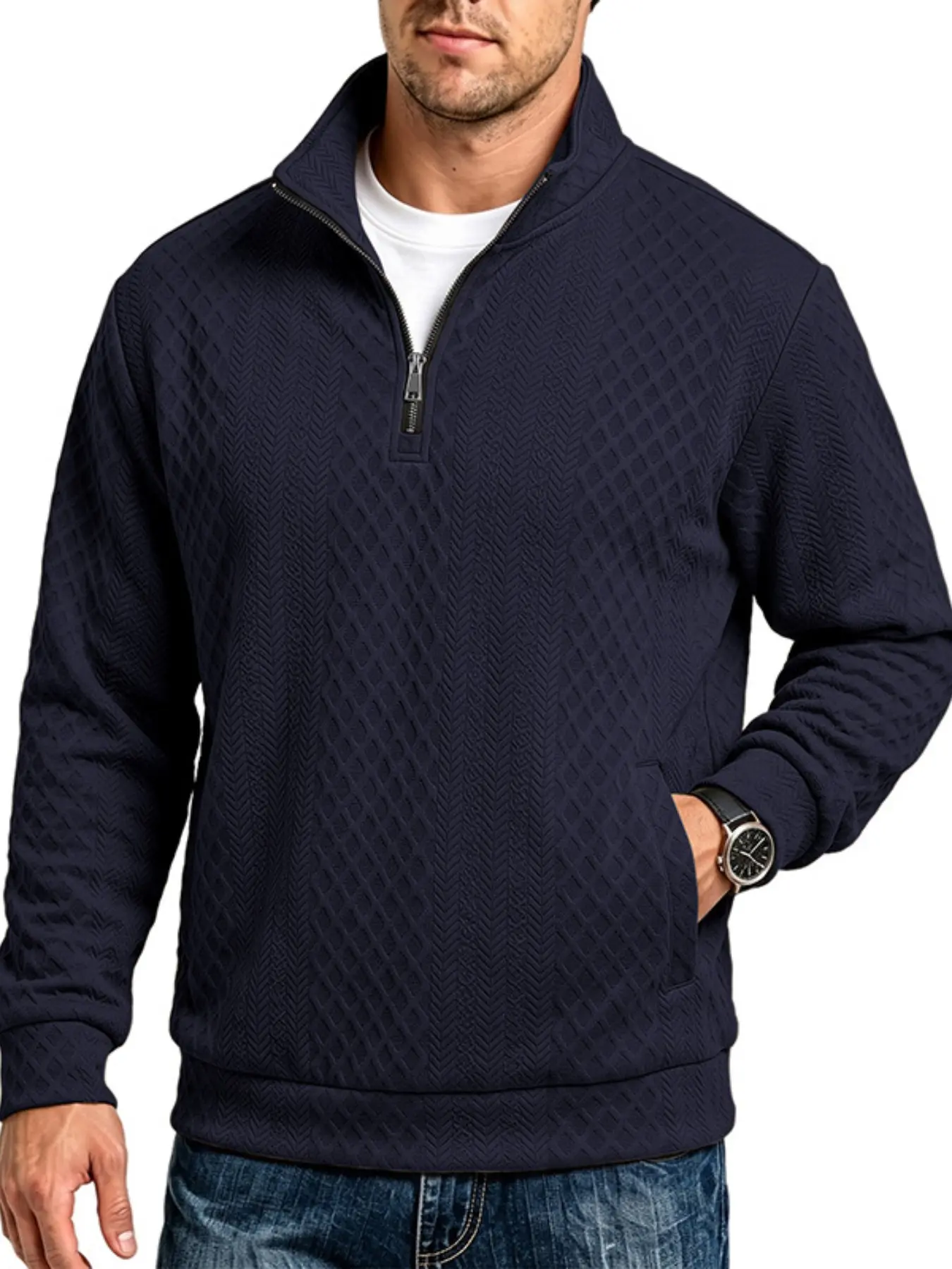 Men's Diamond Jacquard Textured Quarter Zip Pullover Sweatshirt, Stand Collar Long Sleeve Casual Sweater, Soft Loose Fit Business Dressy Top for Fall Winter Daily Outdoor Lifestyle Multiple Solid Colors