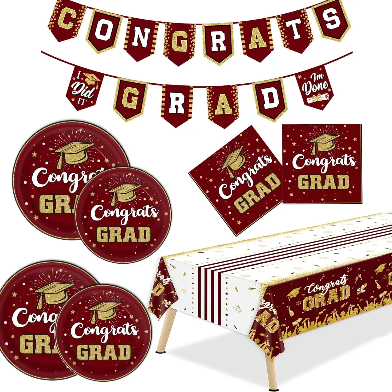 Maroon and Gold Plastic Graduation Party Tableware Kit for 24 2025 Graduates, High Quality Wood Pulp & Non-Toxic Supplies with Congrats Grad Decoration, Plates, Tablecloth, Napkins & More Festive Items